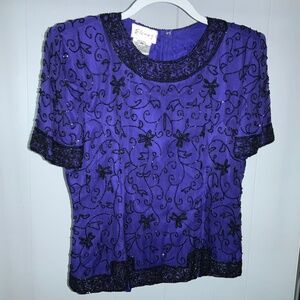 Stenay blue black beaded silk blouse Sz M princess seaming vintage 80’s